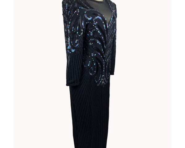 Vintage 80s A. J. Bari Women's Sequin Long Sleeve Black Dress Sz 10
