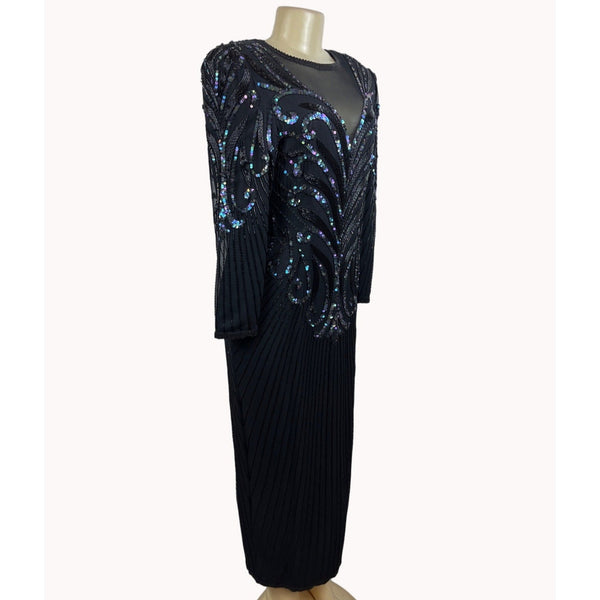 Vintage 80s A. J. Bari Women's Sequin Long Sleeve Black Dress Sz 10
