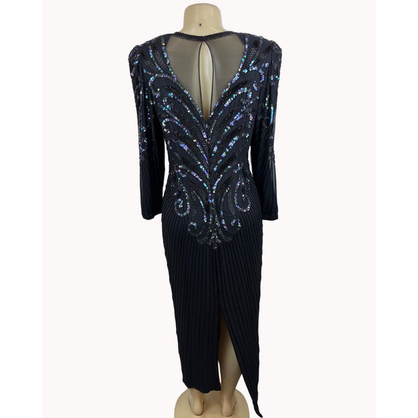 Vintage 80s A. J. Bari Women's Sequin Long Sleeve Black Dress Sz 10