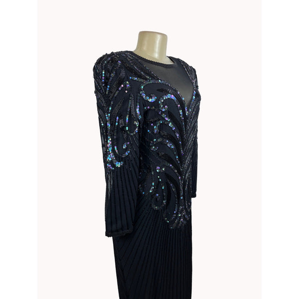 Vintage 80s A. J. Bari Women's Sequin Long Sleeve Black Dress Sz 10