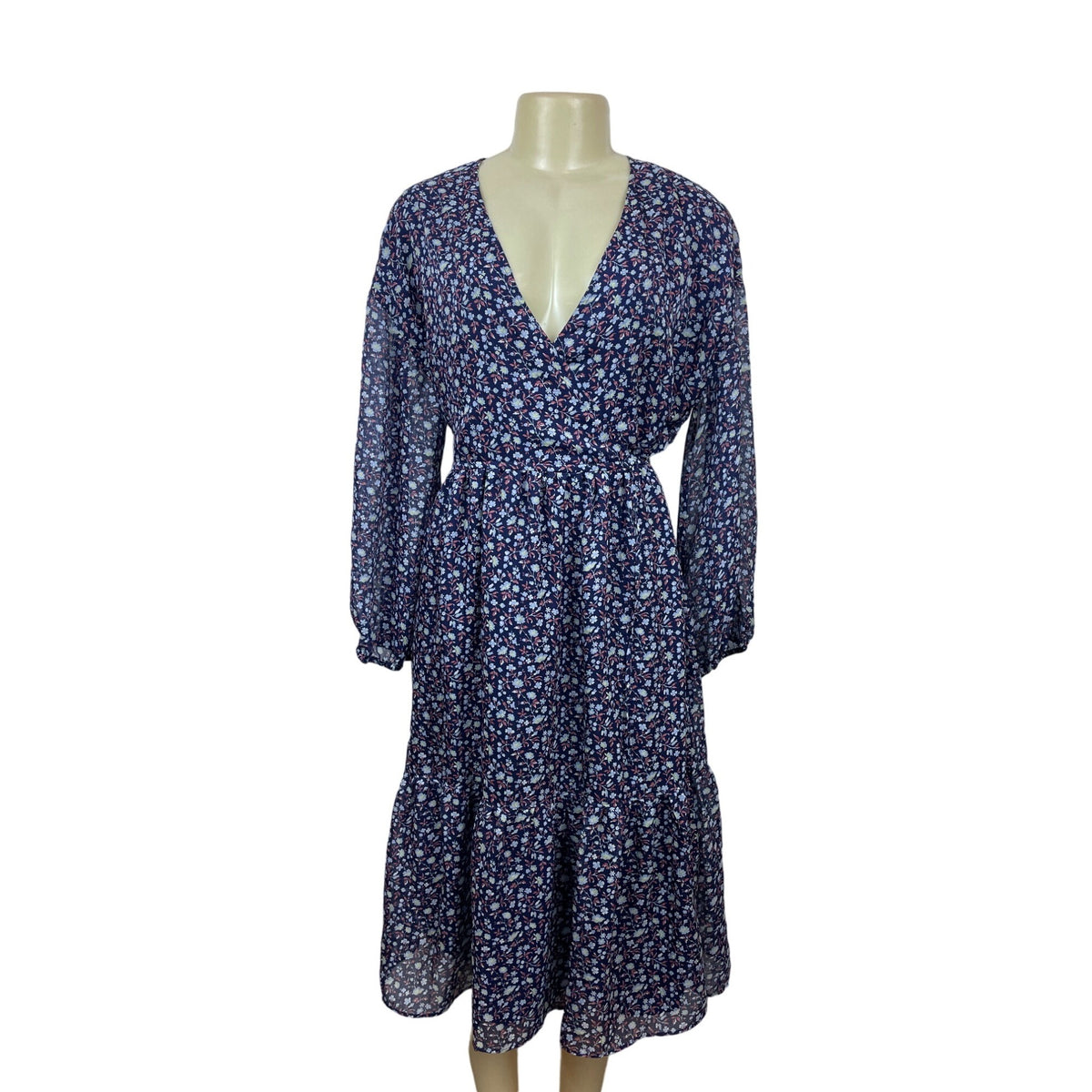 Madewell Women’s Boho Blue Flowery Pattern V-Collar A-Line Dress Sz L - NWT