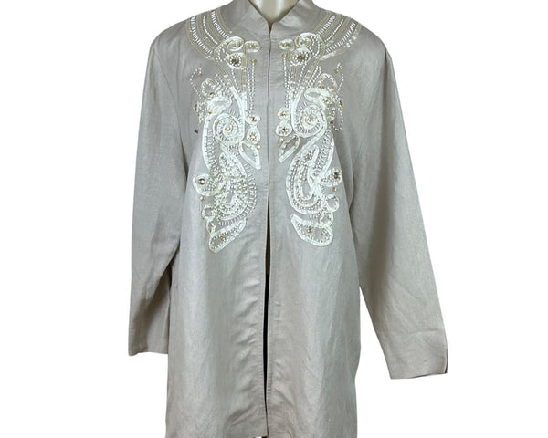 American Glamour Badgley Mischka Womens Beige Embellished Longline Blouse Size XL