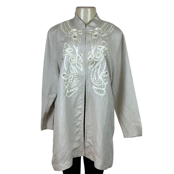 American Glamour Badgley Mischka Womens Beige Embellished Longline Blouse Size XL