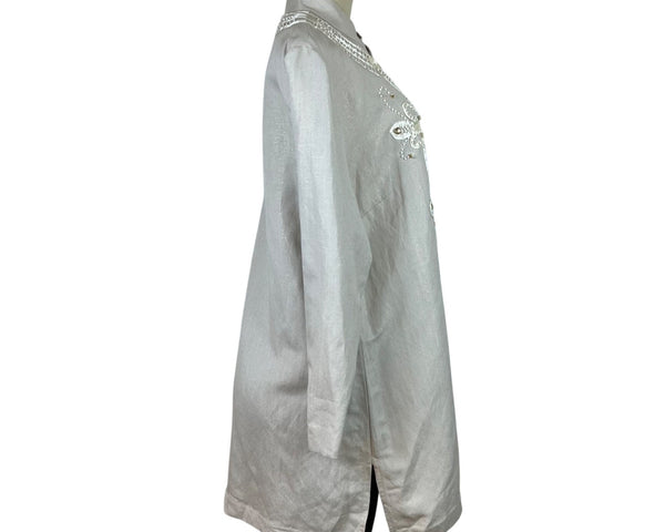 American Glamour Badgley Mischka Womens Beige Embellished Longline Blouse Size XL