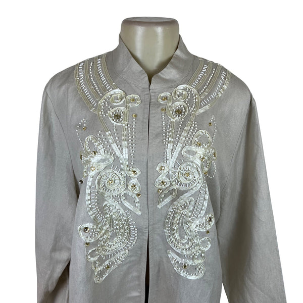 American Glamour Badgley Mischka Womens Beige Embellished Longline Blouse Size XL