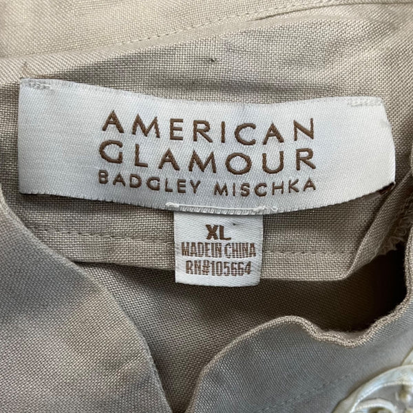 American Glamour Badgley Mischka Womens Beige Embellished Longline Blouse Size XL