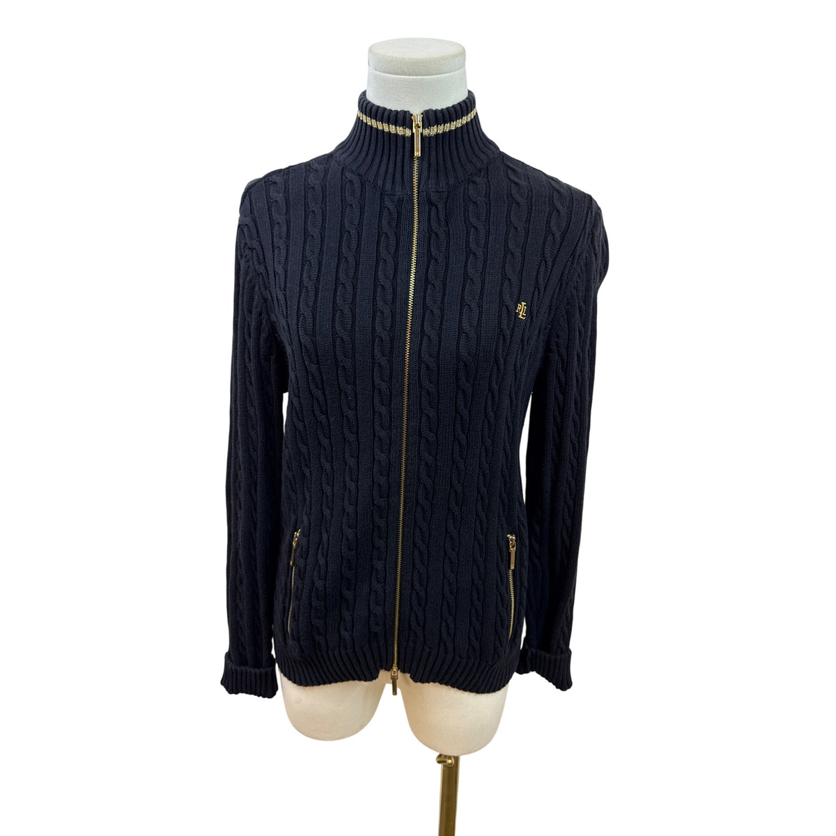 Ralph Lauren Petite Navy Cable Knit Full-Zip Cardigan Sweater Gold Accents Sz M