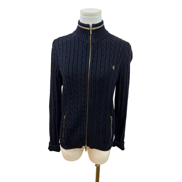 Ralph Lauren Petite Navy Cable Knit Full-Zip Cardigan Sweater Gold Accents Sz M