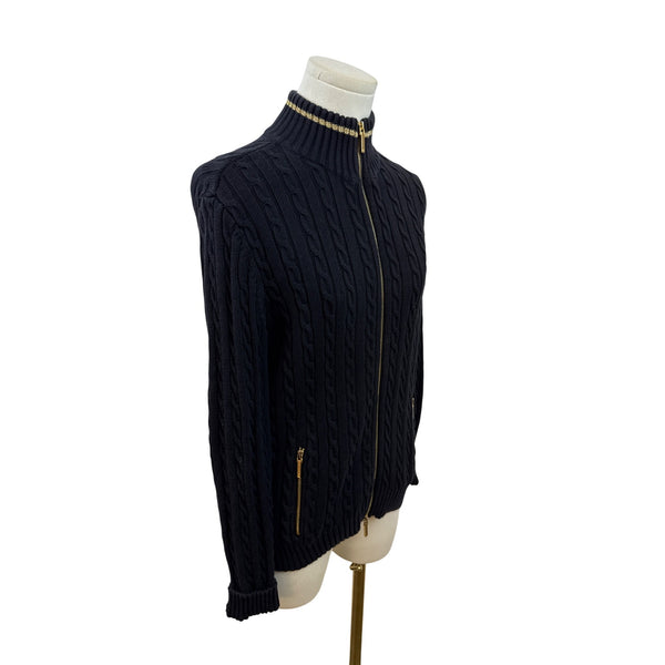 Ralph Lauren Petite Navy Cable Knit Full-Zip Cardigan Sweater Gold Accents Sz M