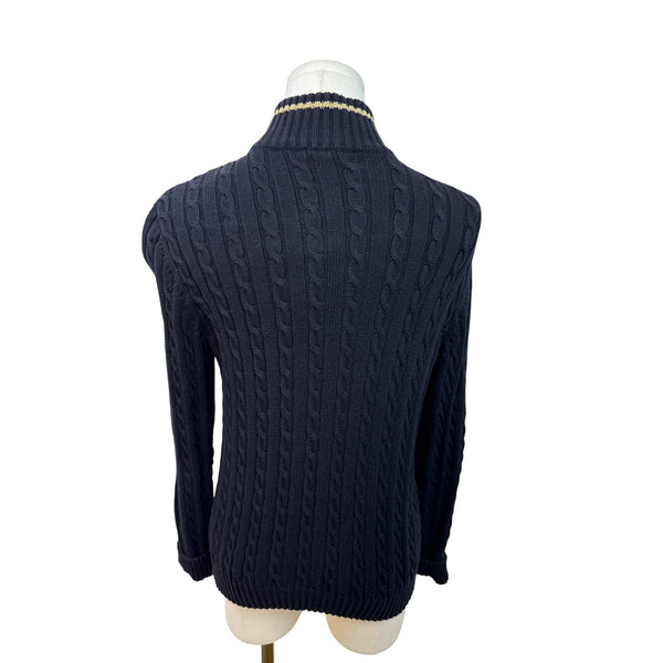 Ralph Lauren Petite Navy Cable Knit Full-Zip Cardigan Sweater Gold Accents Sz M
