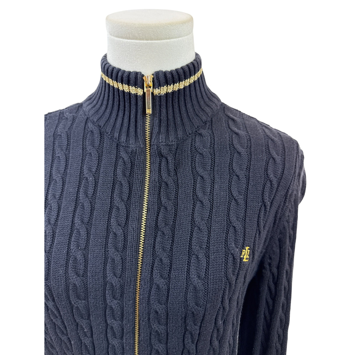 Ralph Lauren Petite Navy Cable Knit Full-Zip Cardigan Sweater Gold Accents Sz M