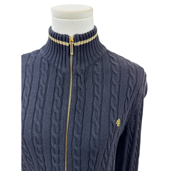 Ralph Lauren Petite Navy Cable Knit Full-Zip Cardigan Sweater Gold Accents Sz M