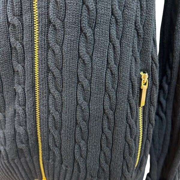 Ralph Lauren Petite Navy Cable Knit Full-Zip Cardigan Sweater Gold Accents Sz M