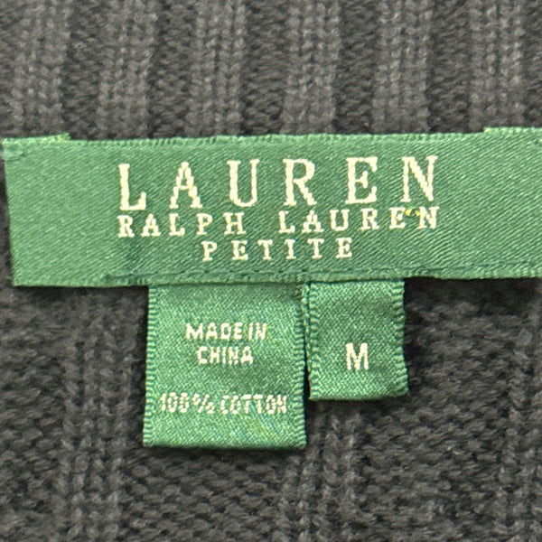 Ralph Lauren Petite Navy Cable Knit Full-Zip Cardigan Sweater Gold Accents Sz M