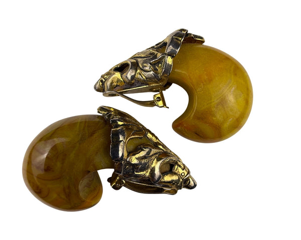 Vintage Clip-On Earrings Gold Tone & Amber Resin Deco Motif Swirl Design