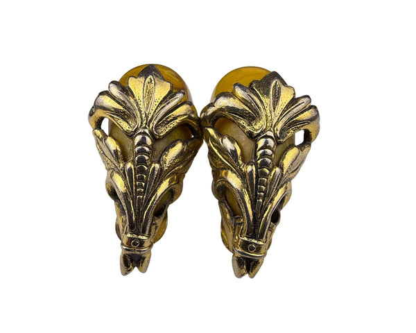 Vintage Clip-On Earrings Gold Tone & Amber Resin Deco Motif Swirl Design