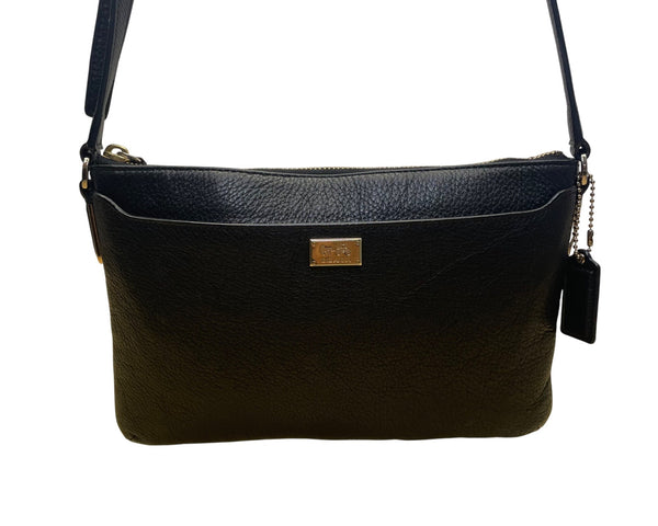 Coach Women’s Black Leather With Gold Hardware Logo Plate Crossbody Bag