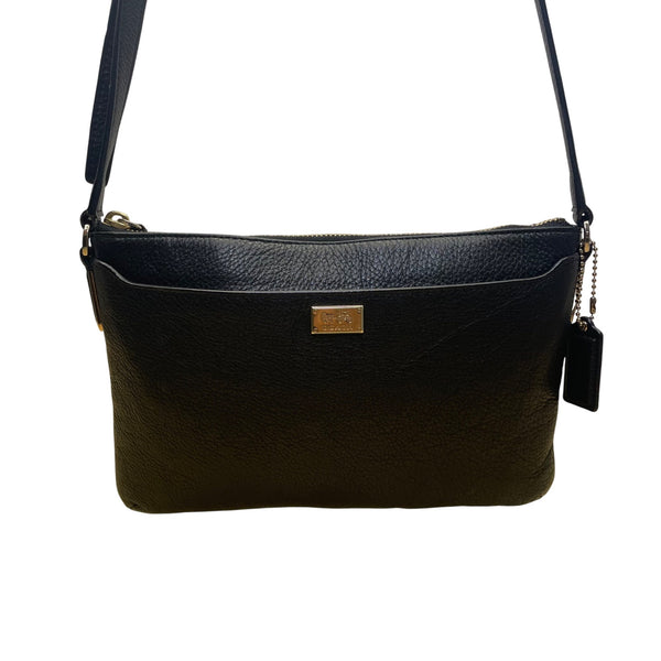 Coach Women’s Black Leather With Gold Hardware Logo Plate Crossbody Bag