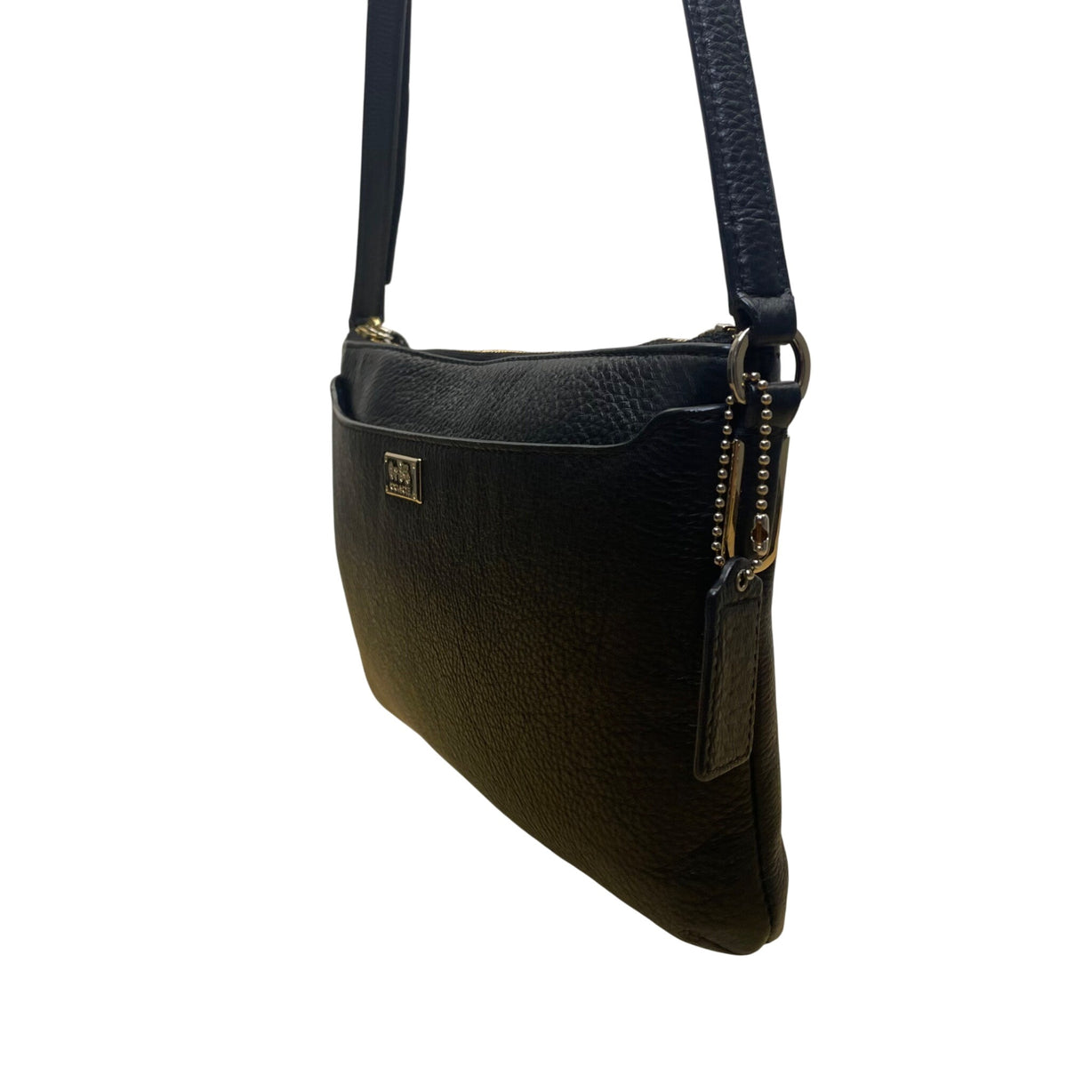 Coach Women’s Black Leather With Gold Hardware Logo Plate Crossbody Bag