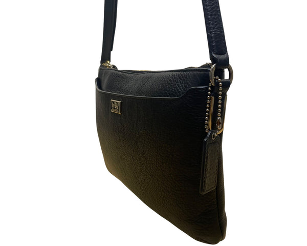Coach Women’s Black Leather With Gold Hardware Logo Plate Crossbody Bag