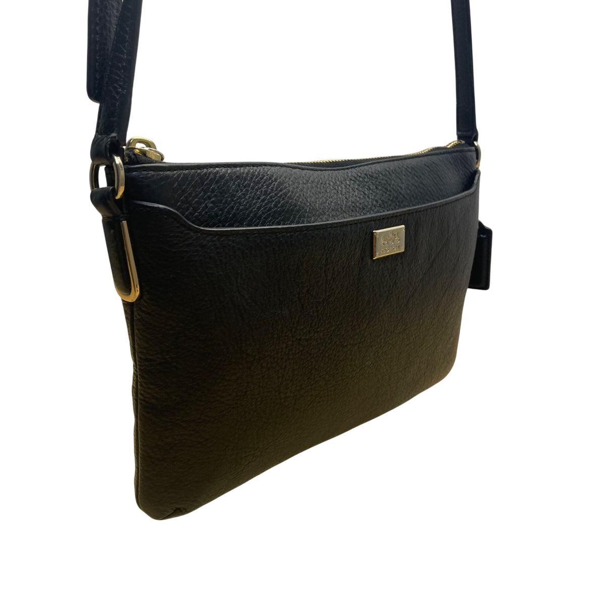 Coach Women’s Black Leather With Gold Hardware Logo Plate Crossbody Bag