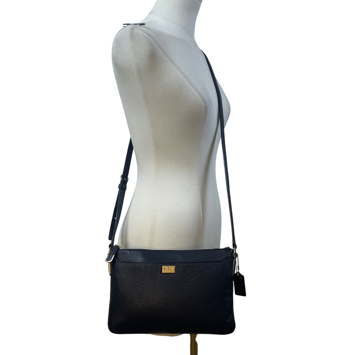 Coach Women’s Black Leather With Gold Hardware Logo Plate Crossbody Bag