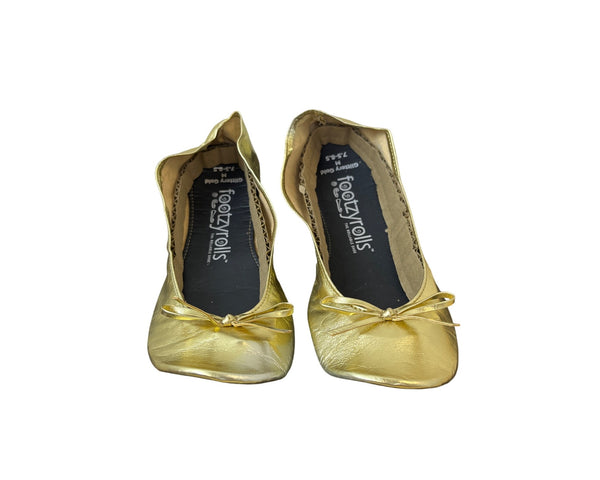 Footzyrolls Womens Gold Ballet Flats Glittery Foldable Slip-On Shoes Size M 7.5-8.5