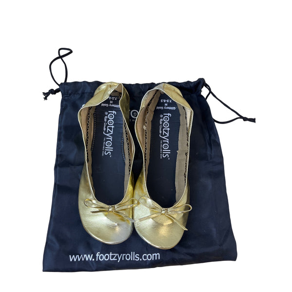 Footzyrolls Womens Gold Ballet Flats Glittery Foldable Slip-On Shoes Size M 7.5-8.5
