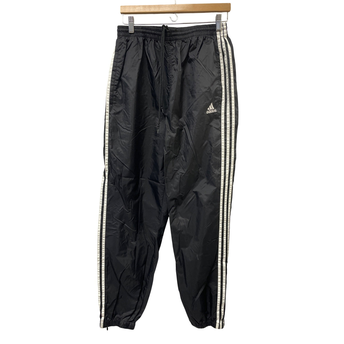 Adidas Mens Black Nylon Track Pants Size L Three Stripes Logo Elastic Cuffs Drawstring