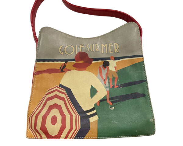 Icon Los Angeles Genuine Leather Bag "Golf Sur Mer" Art Design In Red & Beige