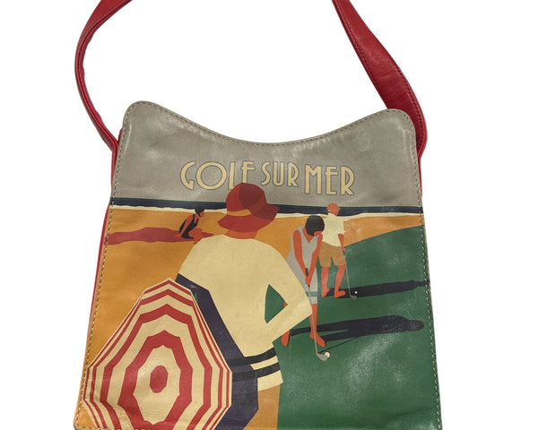 Icon Los Angeles Genuine Leather Bag "Golf Sur Mer" Art Design In Red & Beige