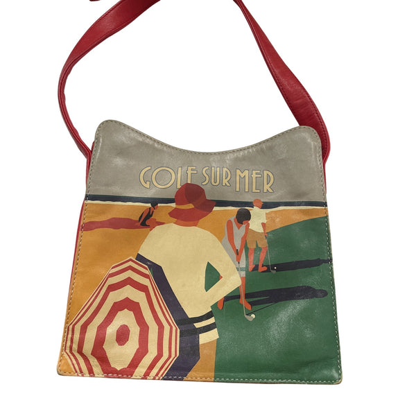 Icon Los Angeles Genuine Leather Bag "Golf Sur Mer" Art Design In Red & Beige
