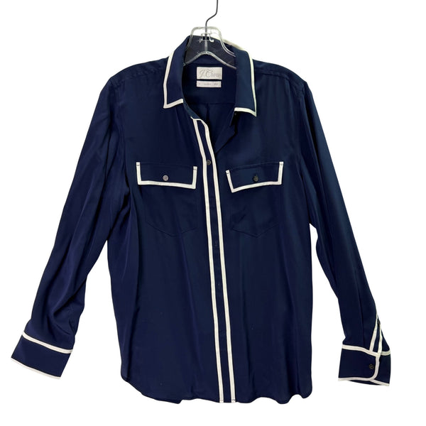 J. Crew Womens Navy Button-Down Blouse Size 6 Classic Long Sleeve Contrast Piped Detail