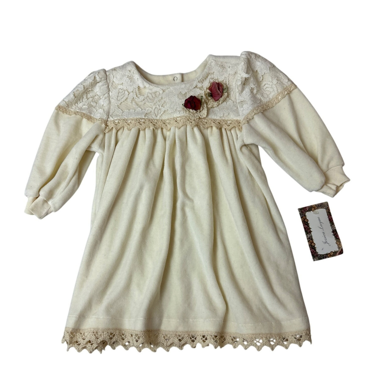 Vtg Jessica Layne Baby Dress 24 Mos  Cream Lace Long Sleeves Floral Accents- NEW