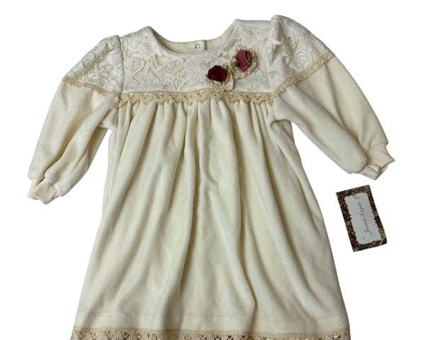 Vtg Jessica Layne Baby Dress 24 Mos Cream Lace Long Sleeves Floral Accents- NEW