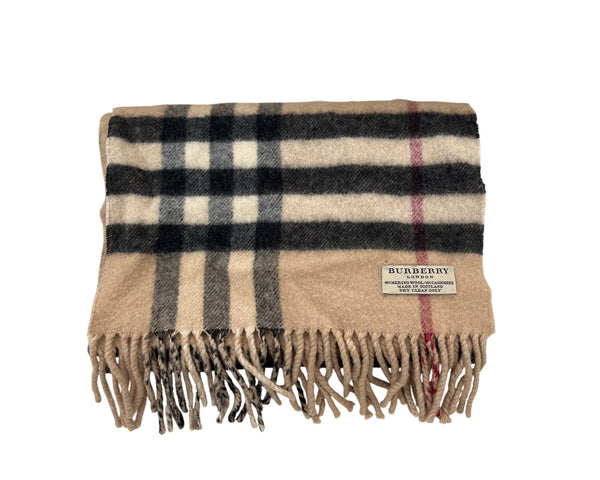 Burberry Beige Check Merino Wool & Cashmere Fringed Scarf Made In Scotland