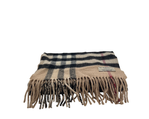 Burberry Beige Check Merino Wool & Cashmere Fringed Scarf Made In Scotland
