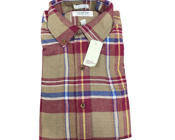 Vtg 90s Arrow Sport Plaid Button-Down Long Sleeve Shirt Red Beige Blue Sz M New