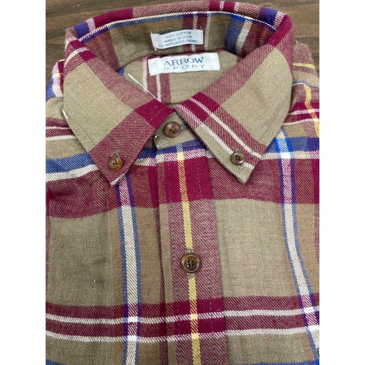 Vtg 90s Arrow Sport Plaid Button-Down Long Sleeve Shirt Red Beige Blue Sz M New