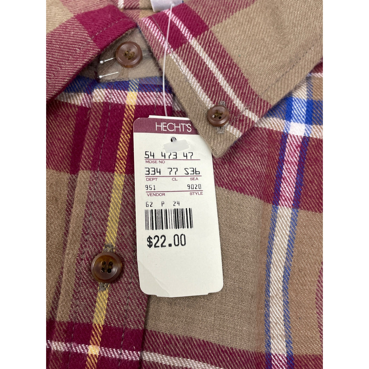 Vtg 90s Arrow Sport Plaid Button-Down Long Sleeve Shirt Red Beige Blue Sz M New