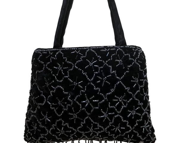 Black Handmade Floral Beaded Velvet With Shoulder & Hand Strap Evening Bag