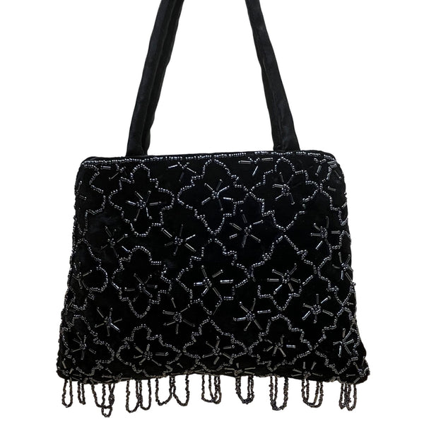 Black Handmade Floral Beaded Velvet With Shoulder & Hand Strap Evening Bag