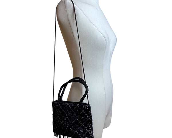 Black Handmade Floral Beaded Velvet With Shoulder & Hand Strap Evening Bag