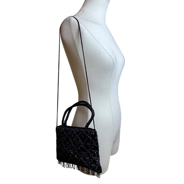 Black Handmade Floral Beaded Velvet With Shoulder & Hand Strap Evening Bag