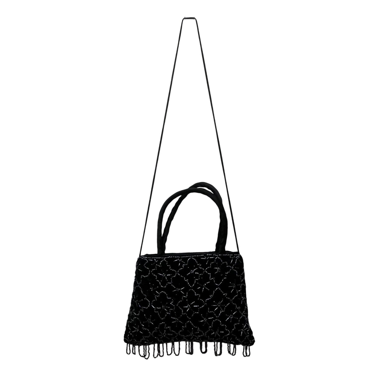 Black Handmade Floral Beaded Velvet With Shoulder & Hand Strap Evening Bag