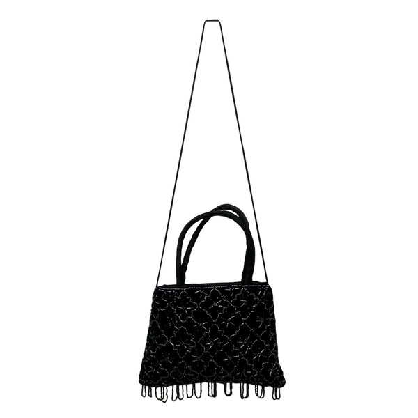 Black Handmade Floral Beaded Velvet With Shoulder & Hand Strap Evening Bag