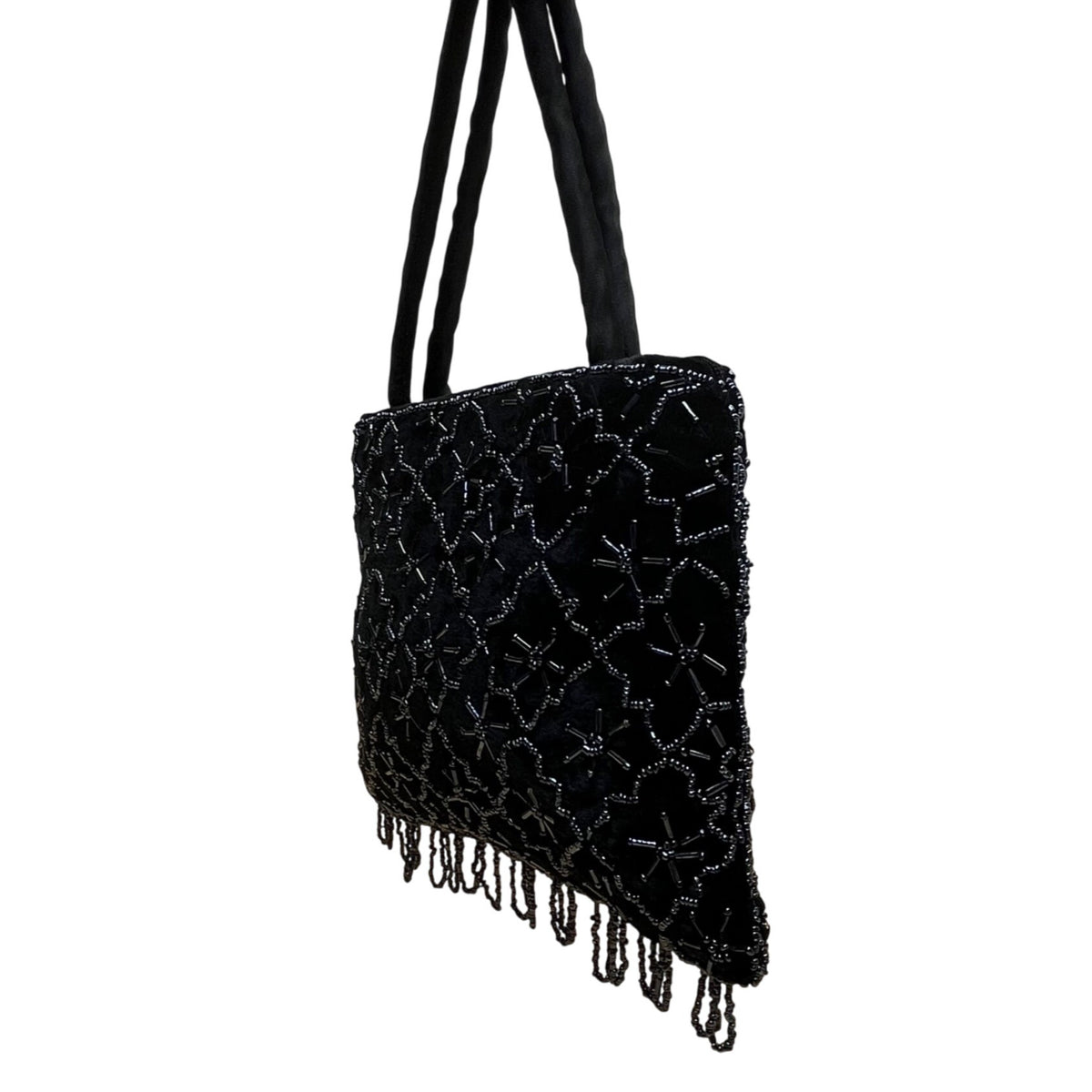 Black Handmade Floral Beaded Velvet With Shoulder & Hand Strap Evening Bag