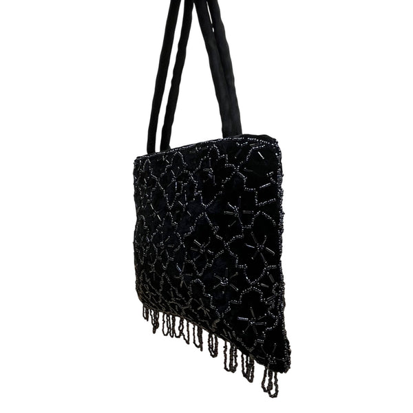 Black Handmade Floral Beaded Velvet With Shoulder & Hand Strap Evening Bag