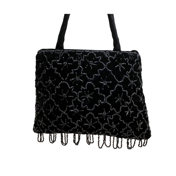 Black Handmade Floral Beaded Velvet With Shoulder & Hand Strap Evening Bag