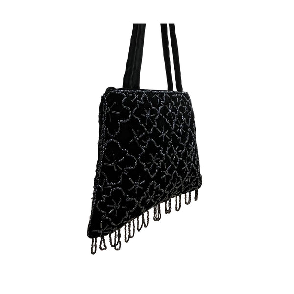 Black Handmade Floral Beaded Velvet With Shoulder & Hand Strap Evening Bag